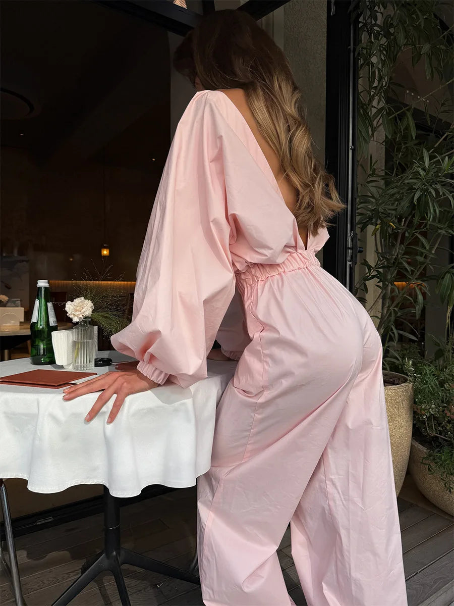 Pink One-Piece Suit Women's Spring Summer New Lantern Sleeve Backless Top Waist-Cinching Wide Leg One-Piece Suit