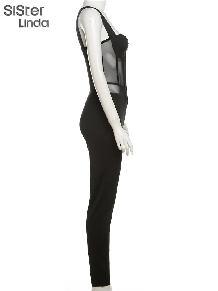 Sisterlinda Mesh Patchwork Hipster Jumpsuit Women Sleeveless Single-Breasted Elegant Sexy Midnight Workout Overalls Clubwear2024