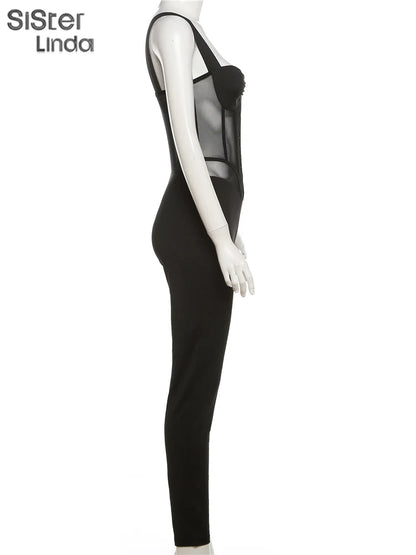 Sisterlinda Mesh Patchwork Hipster Jumpsuit Women Sleeveless Single-Breasted Elegant Sexy Midnight Workout Overalls Clubwear2024