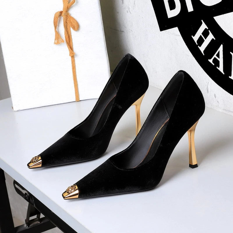 Women Peach Pink Velvet Metal Capped Pointed Toe Pumps Gold Trapezoid Thin High Heels Gentle Retro Luxury Date Banquet Ladies