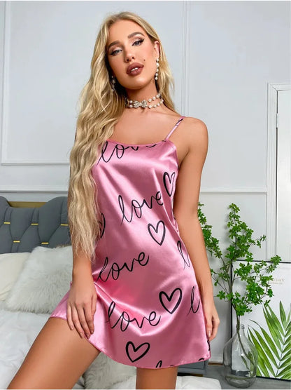 Ladies Sexy Sling Nightgown Nightdress Women's Sexy Lingerie Silk Satin Sleepwear Floral Pinting Nightwear Homewear Mini Dress