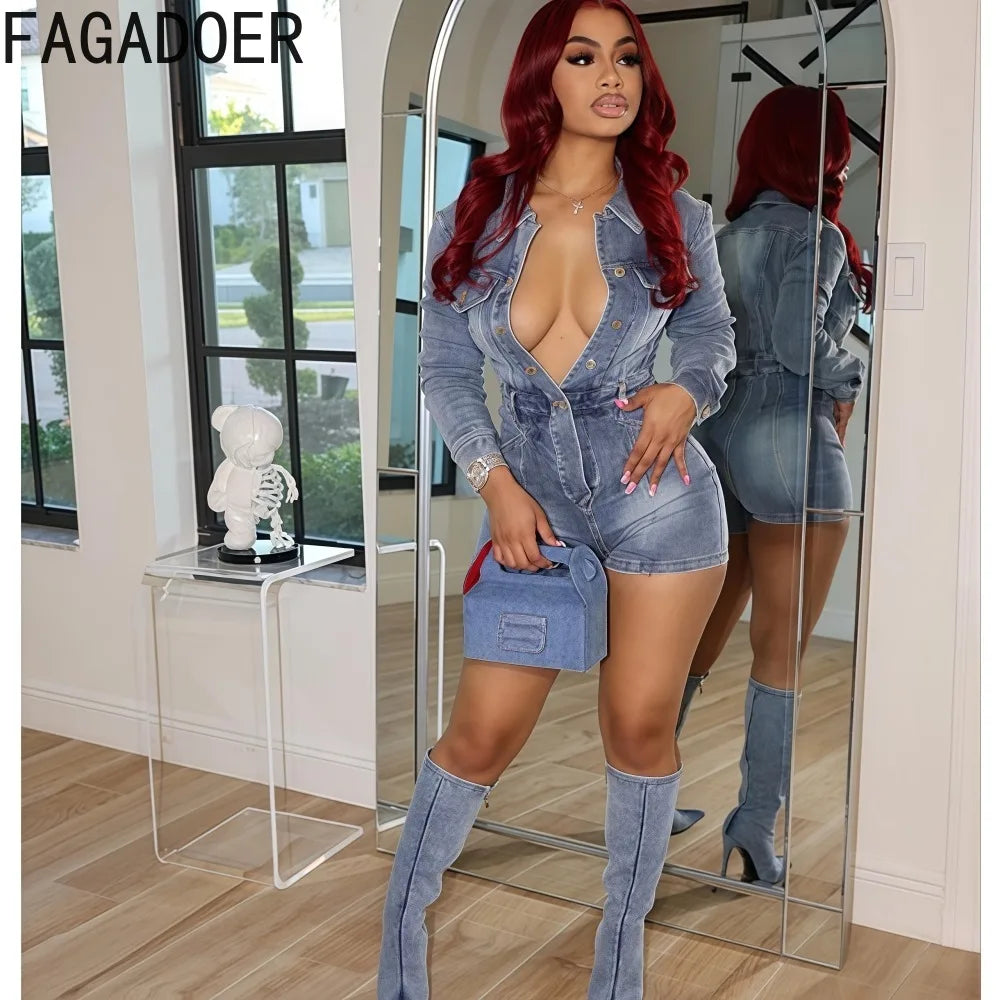 FAGADOER Trendy Denim Bodycon Rompers Women Button Stretchy One Piece Jeans Jumpsuits Fashion Female Streetwear Overalls New