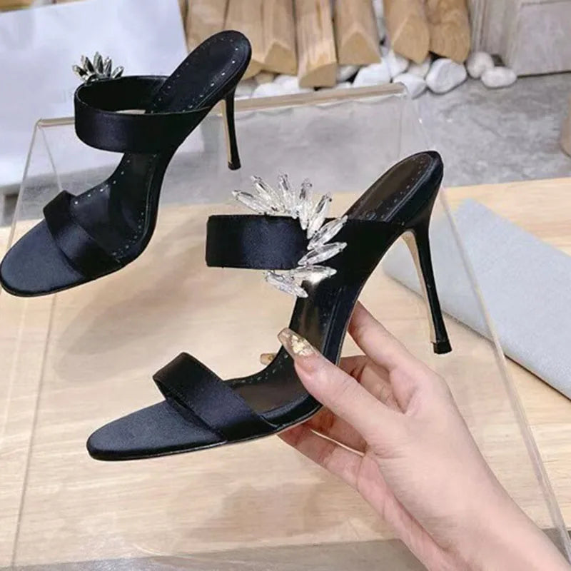 2025 Newest Rhinestone Sandals Woman Open Toe Pink Puple Luxury Satin High Heels Lady Sexy Muller Slippers
