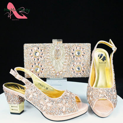 2025 Fashion Style Nigerian Ladies Lovely Shoes and Bag to Match Set in Gold Color Specials Pumps for Dress