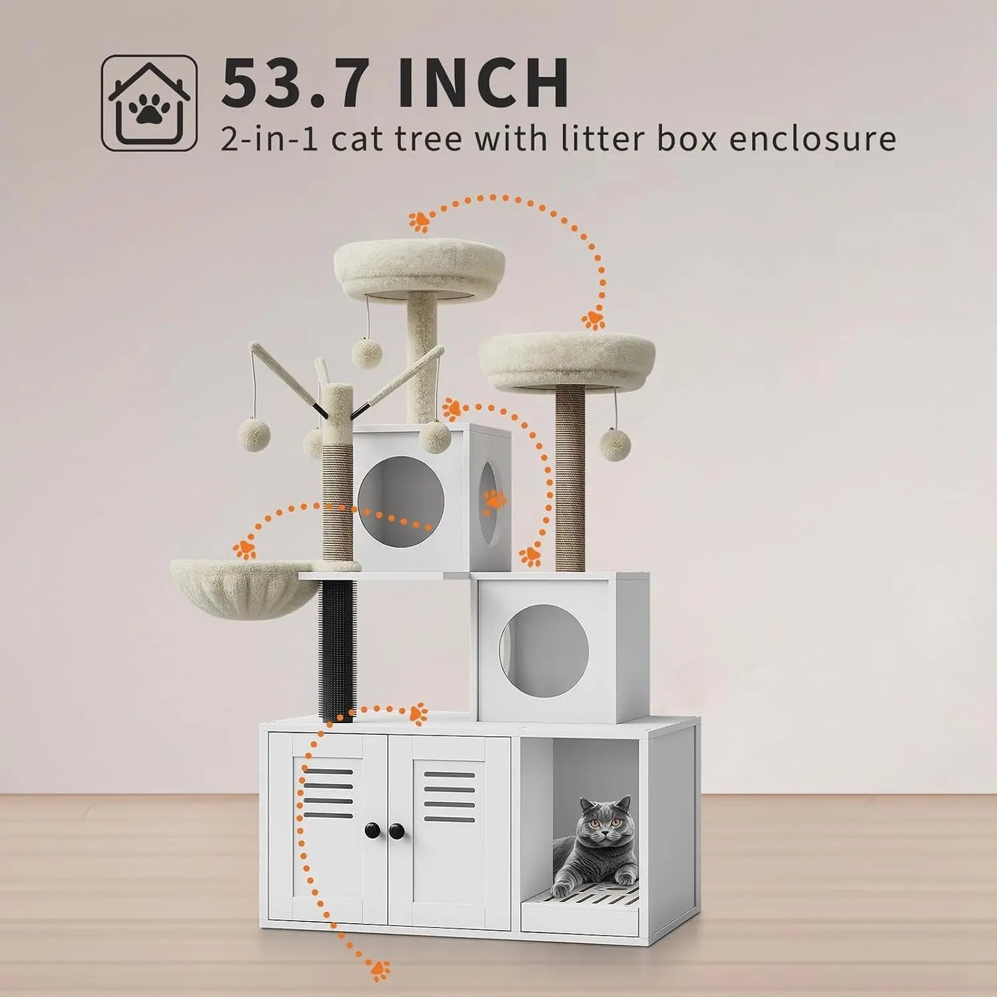 Garvee Large Cat Tree and Tower for Indoor Cats With Hidden Washroom Cabinet,Post,Perch&Brush Spacious Hammock Padded Perches and Condos Cat Toys