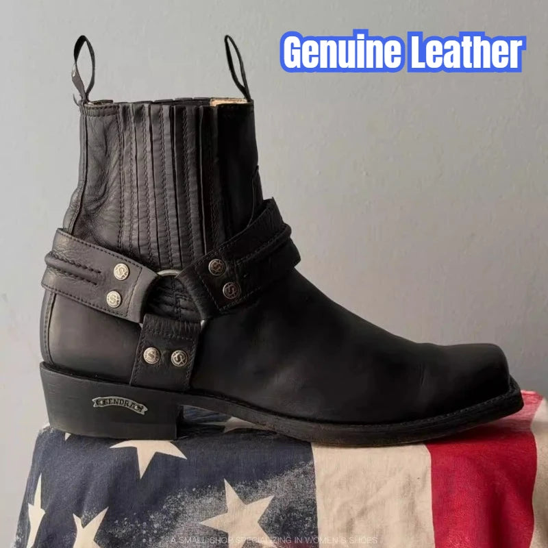 Black Short Boots for Women, Retro Distressed Boots, Square Toe Thick Heel Boots,moto Increased Mid-century Boots