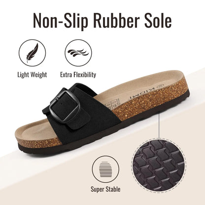 Comwarm Cork Footbed Sandals for Women Genuine Suede Slides Anti-slip Slides Comfortable Fashion Slippers with Adjustable Buckle