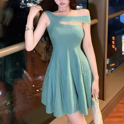 Women's Off Shoulder Knit Mini Dress Hollow Out Chest Flared Skirt Solid Color Party Evening Dress