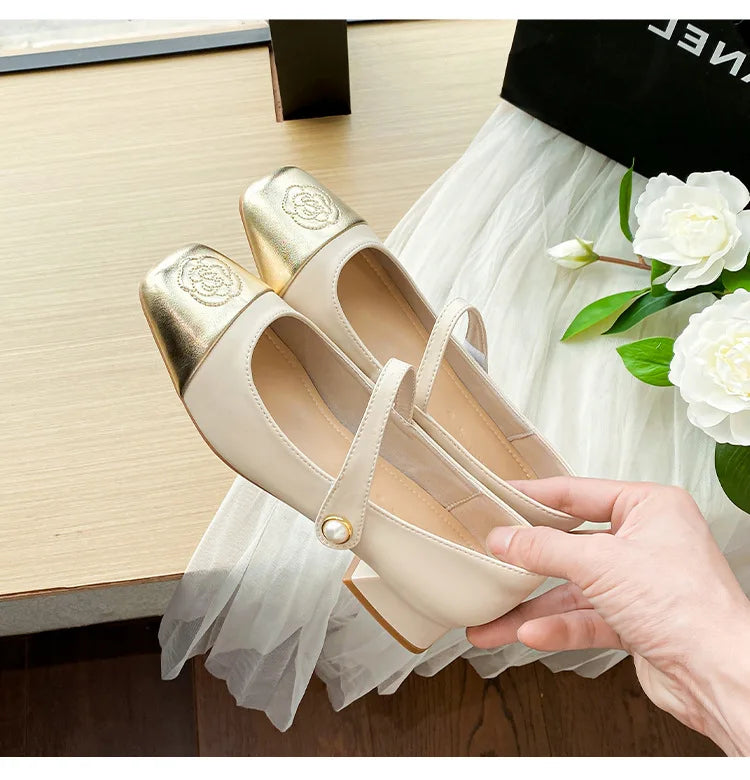 Fashion Mary Jane Women's Shoes 3cm Wide Heel Pumps Embroidered Flowers Pearl Buckle Strap Mary Jane Shoes Luxury Leather Heels