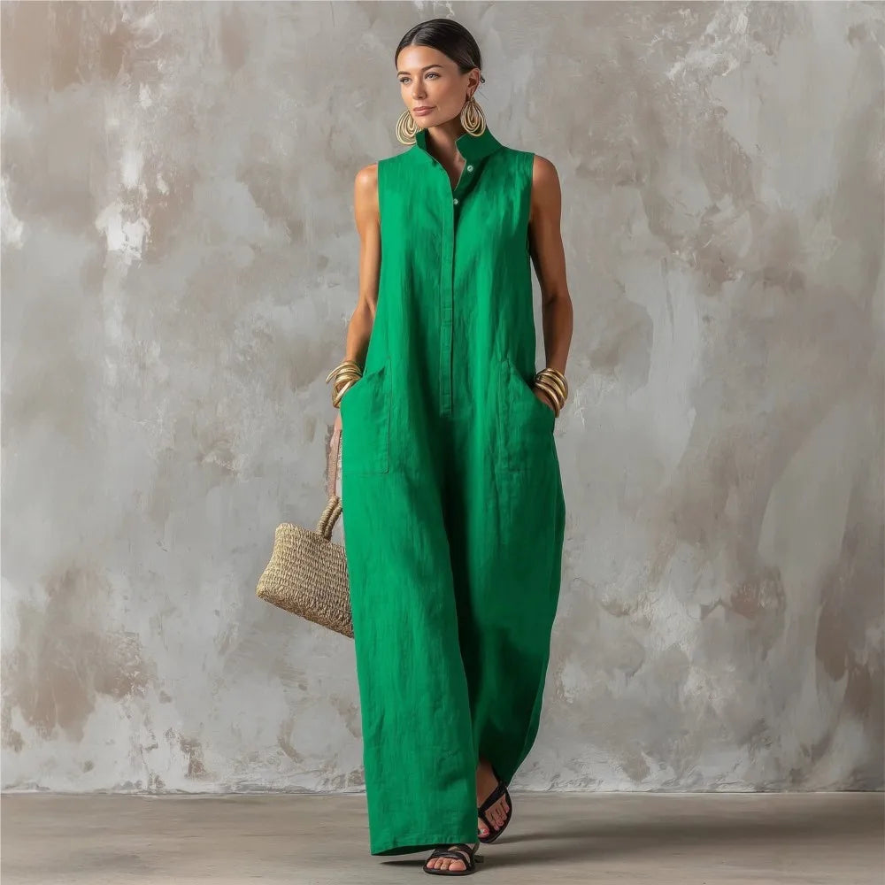 Elegant Women's Sleeveless Linen Blend Jumpsuit Button Down Collared Romper Casual Loose Summer Beach Vacation Boho Jumpsuits