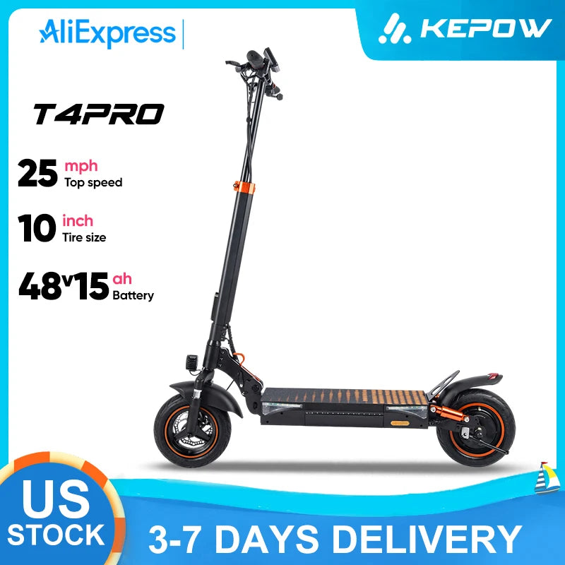 KEPOW T4Pro Electric Scooter Adults 900W Peak Motor 48V 15Ah Battery 25-38 Miles Long Range 25MPH Max Speed 10" Off-Road Tires Foldable Dual Suspension LED Headlight Heavy Duty All Terrain E-Scooter for City Commute 25° Clim