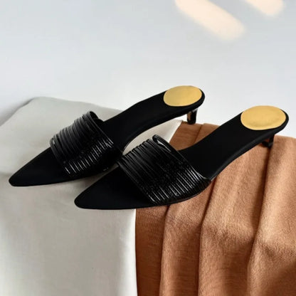 Black Pointed Toe Narrow-band Mule Slippers Women Sexy Open Toe Kitten Heel Slide Sandals Luxury Gold Embellished Design Shoes