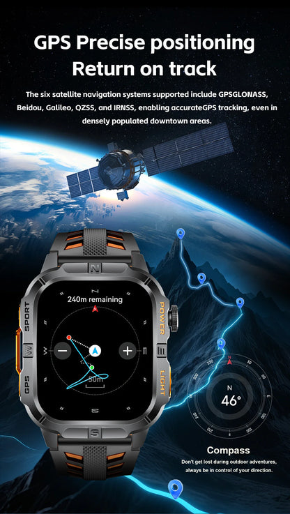 New Outdoor Military Men Smartwatch Equipped With GPS Sports LED Lighting, Compass, Wireless Communication IP68 Waterproof Watch