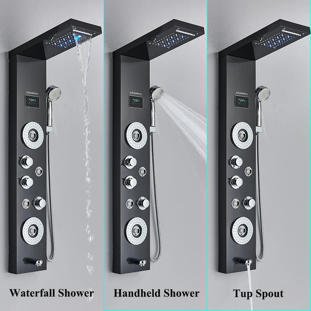 LED Shower Panel Tower System Rain Waterfall Shower Column With SPA Massage Temperature Screen athtub Water Mixer Tap Faucet Set