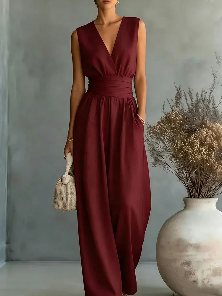 Women Elegant Linen V Neck Short Sleeve Jumpsuit Waist Cinched Wide Leg Long Pants Rompers with Pockets Casual Ladies Overalls
