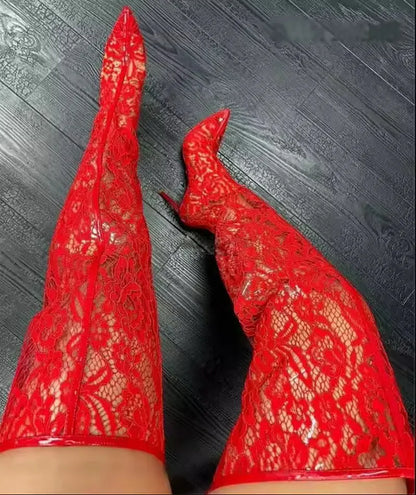 Spring Women Lace With PVC Thigh High Boots Sexy Pointed Toe Stiletto High Heels Transparent Over The Knee Boots Bigger Size 44