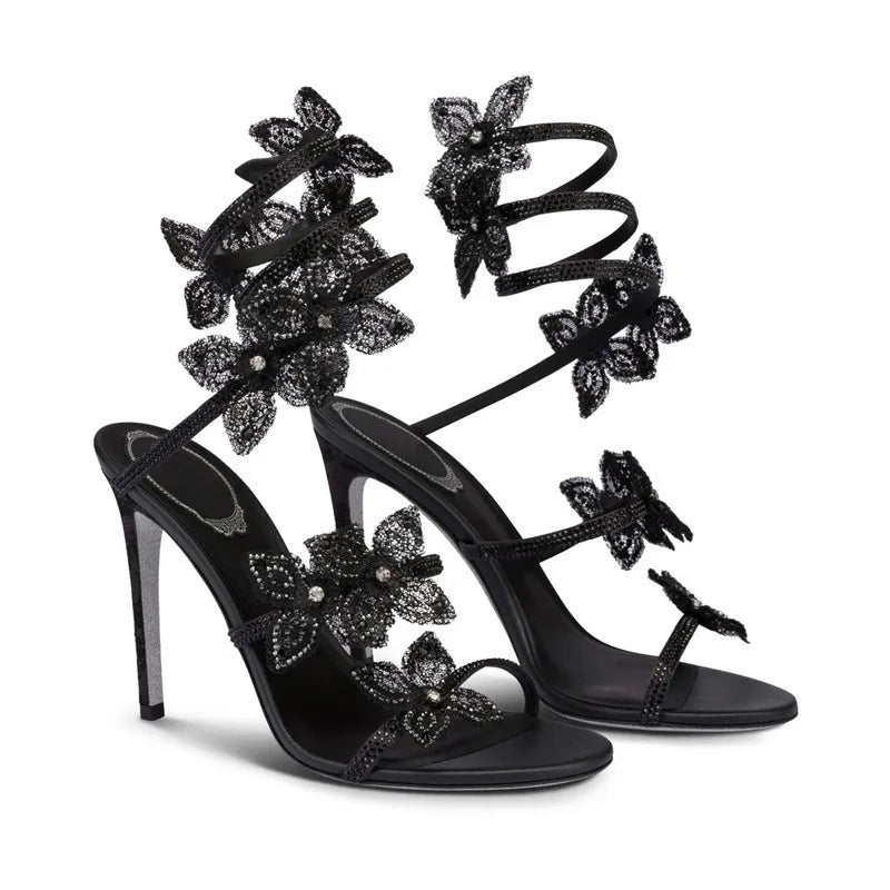 Luxury Rhinestones Flowers Women Gladiator Sandals Sexy Snake Twine Ankle Strap High heels Summer Wedding Prom Shoes Sandalias