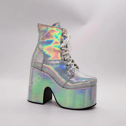 Thick Sole Round Toe Punk Party Boots 2025 New Street Rock Lace-Up Motorcycle Boots Fashion 34-48 Thick High Heel Ankle Boots