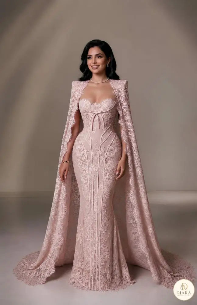 Customized Lace Mermaid Evening Dress with Cape Sweetheart Neckline Corset Formal Gown Dubai Wedding Guest Attire