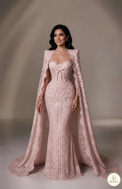 Customized Lace Mermaid Evening Dress with Cape Sweetheart Neckline Corset Formal Gown Dubai Wedding Guest Attire