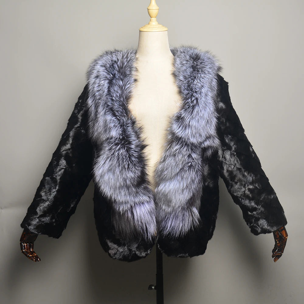 New Real Genuine Natural Mink Fur Coat With Fox Fur Collar Women's Fashion Knit Jacket Cape Lady Winter Real Mink Fur coat