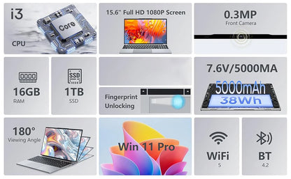 15.6 inch Intel Notebook PC Ultra Slim Laptop Intel Core I3 6100U 16GB RAM 1TB 2TB SSD Office Study Computer PC Windows 11 Pro