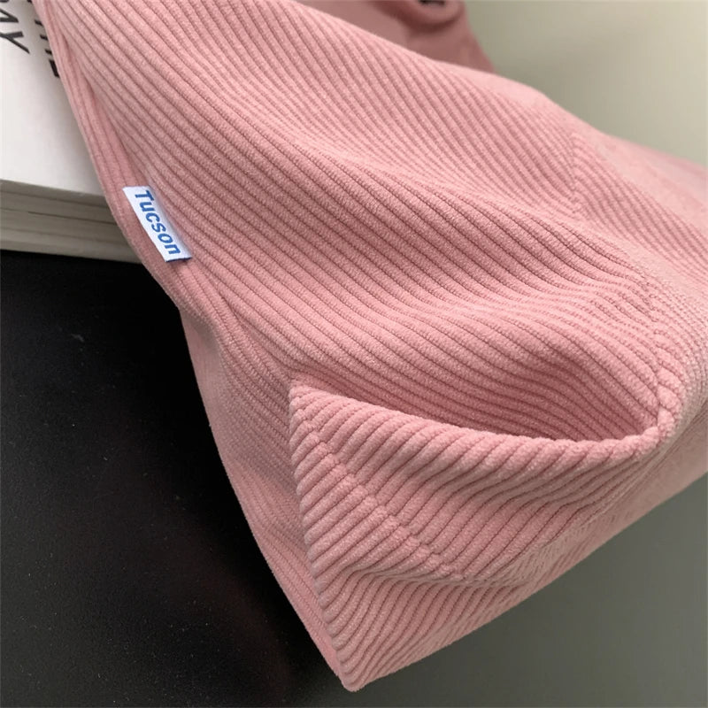 Women Luxury Corduroy Shoulder Bag Large Handbag Big Casual Tote Canvas Lining Solid Cloth Purse Zipper Crossbody Messenger Bags