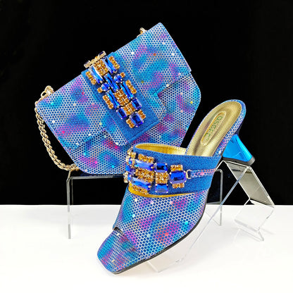 New Arrival Mature Style Colorful Rhinestone Metal Design Strange High Heel Style Peep Toe Shoes and Bag Set for Party Wedding
