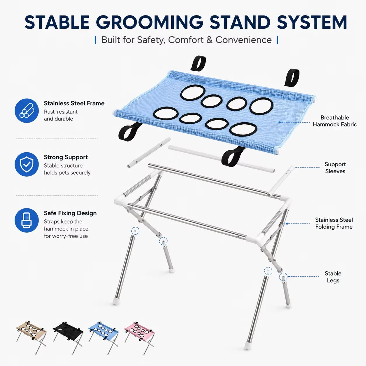 Breathable Pet Grooming Hammock Stand Foldable Dog Cat Nail Clipping Restraint Stainless Steel Care Table for Home Grooming Use