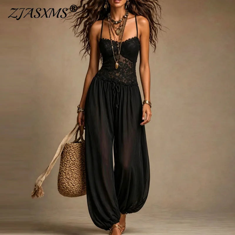 Women Nude Lace Halter Jumpsuits Spaghetti Strap V Neck Sheer Loose See Through Playsuit Summer Beach Bohemian One Piece Outfits