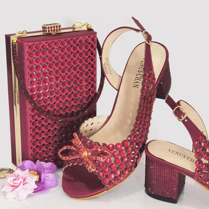 2024 New Italian Design Full Drill Elegant Wine Evening High Heels Wedding Party Shoes Matching Clutch Handbag