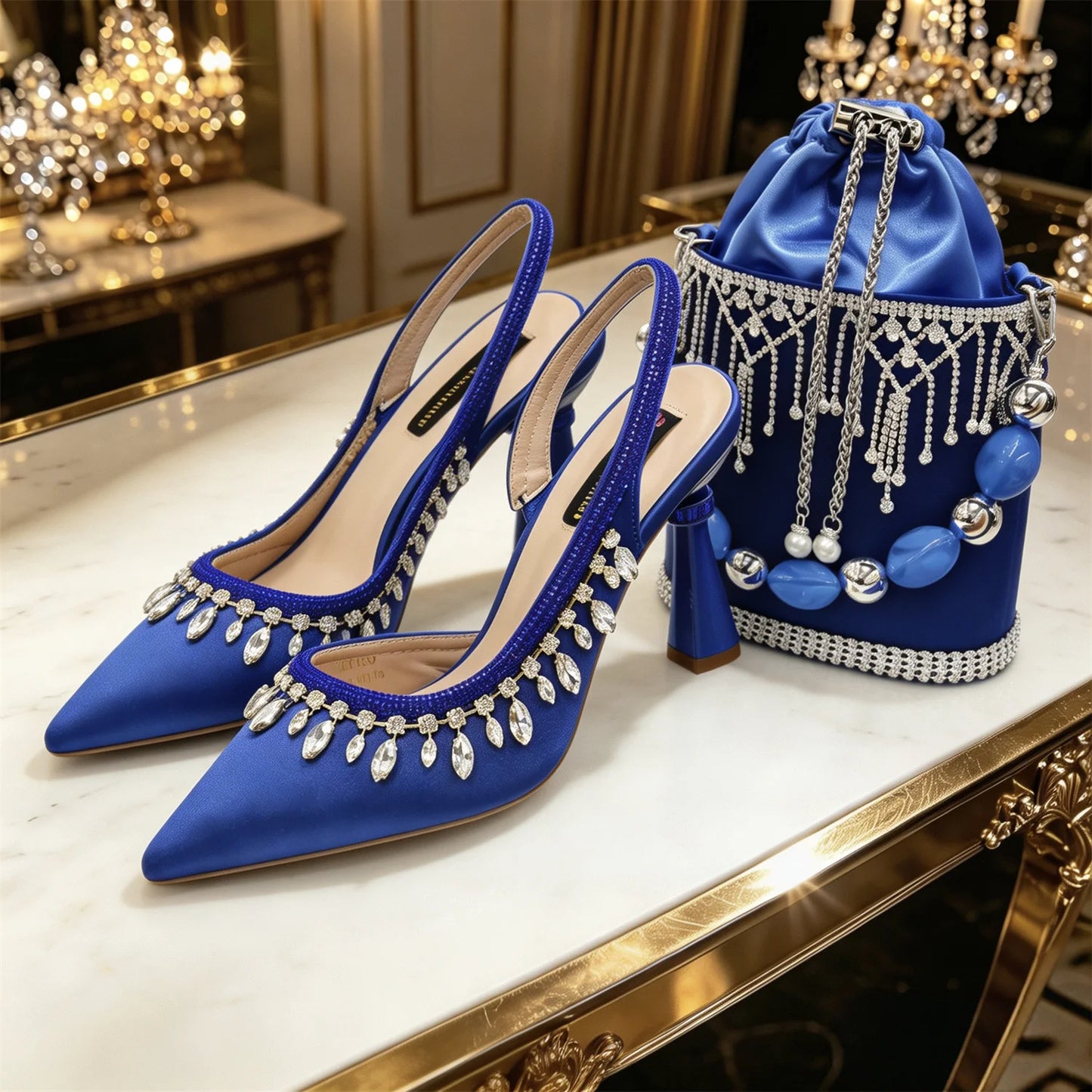 Royal Blue Bridal Shoe & Bag Set Sparkling Rhinestone Pointed Toe High Heels Slingback Pumps for Wedding Guest Prom Party