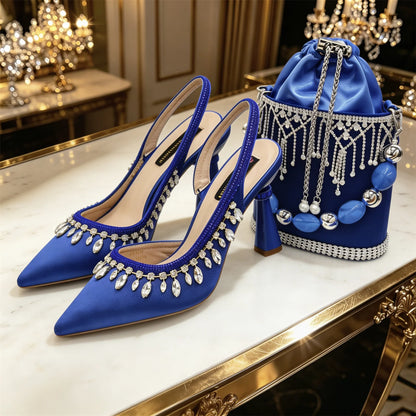 Royal Blue Bridal Shoe & Bag Set Sparkling Rhinestone Pointed Toe High Heels Slingback Pumps for Wedding Guest Prom Party