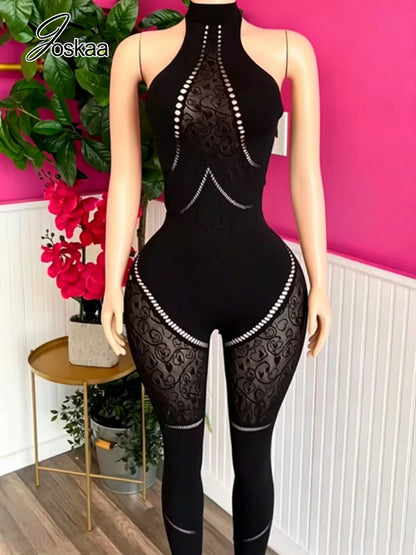 Joskaa Black Halter Neck Jumpsuits Women Sexy Print Hollow Out See Through Backless Bodycon Rompers Nightclub Party Outfits