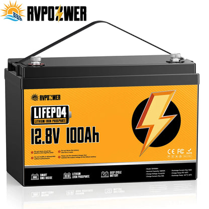 RVPOZWER,12.8V/100Ah Lithium Iron Phosphate Storage Accumulator,Shockproof Long Cycle Rechargeable Portable Battery Integrated BMS,Ideal For Caravan,Sailing Boat,Travel Car,Remote Cabin Off-Grid Power,Household Standby Electr