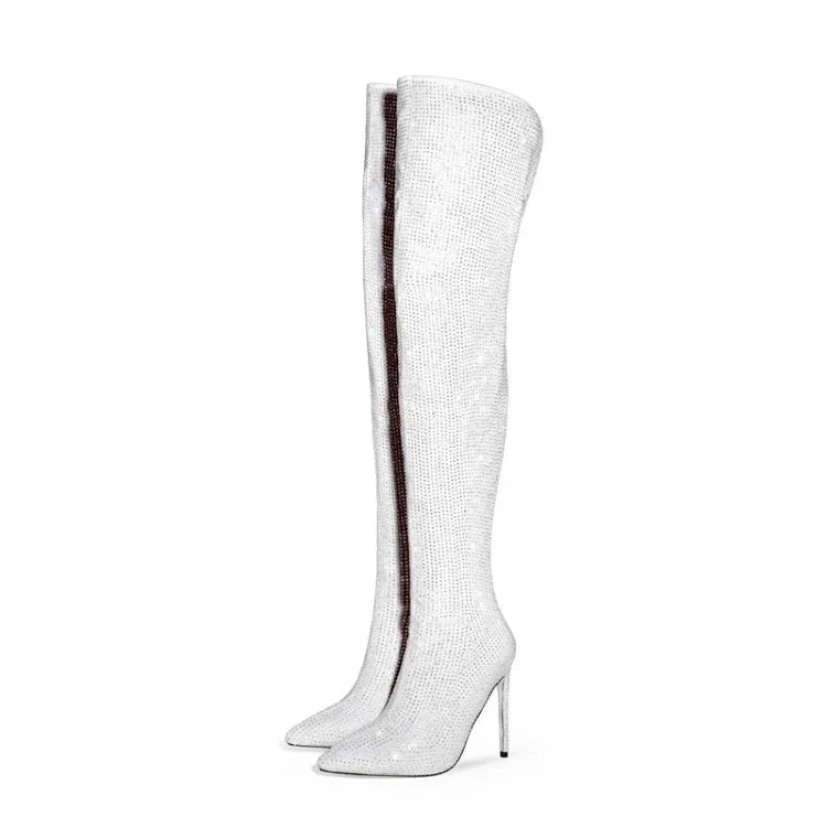 Silver Black Rhinestone 12cm High Heel Long Boots New Fashion Show Shiny Diamond Pointed Women's Over The Knee Boots Size 34-46