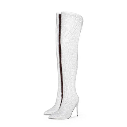 Silver Black Rhinestone 12cm High Heel Long Boots New Fashion Show Shiny Diamond Pointed Women's Over The Knee Boots Size 34-46