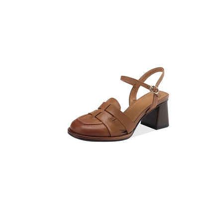 2026 New Size 34-43 Retro Genuine Leather Retro Sandals Woman Top Quality Ladies Buckle Summer Shoes Thick High Heels Sandals