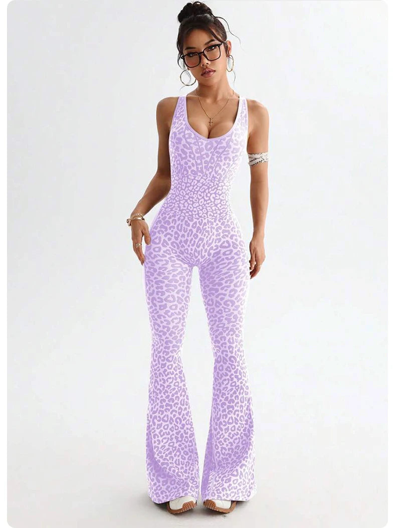ZHEJIN Leopard Jumpsuit Women Flare Leg Yoga Romper Backless Criss Cross Workout Bodysuit Scrunch Butt Lift Gym Fitness Wear