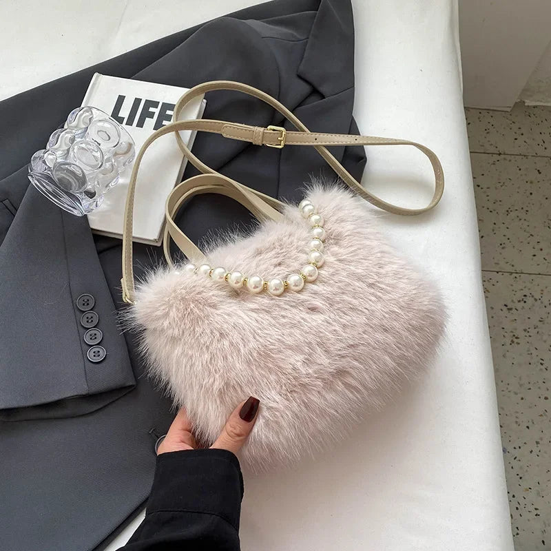 Winter Fashion Faux Fur Crossbody Bags for Women's Gift, Pearl Chain Decor Shoulder Bag, Ladies Handbags Top-handel Bag