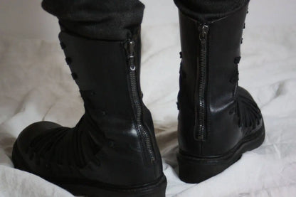 Side Cross Tied Black Walking Boots Fashion Men's Mid-calf Knight Boots Flat Round Toe Solid Back Zipper Western Chelsae Boots