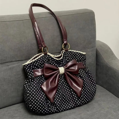 Trendy Vintage Women's Bow Handbag Y2k Casual Chic Lady Shoulder Bags All Match Aesthetic Dot Ins Underarm Bag Streetwear