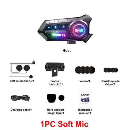 X3 Pro Motorcycle Helmet Bluetooth Headset 2-Riders Intercom 1000M BT6.0 IPX6 Waterproof Voice Assistant NoiseReduction FM Radio