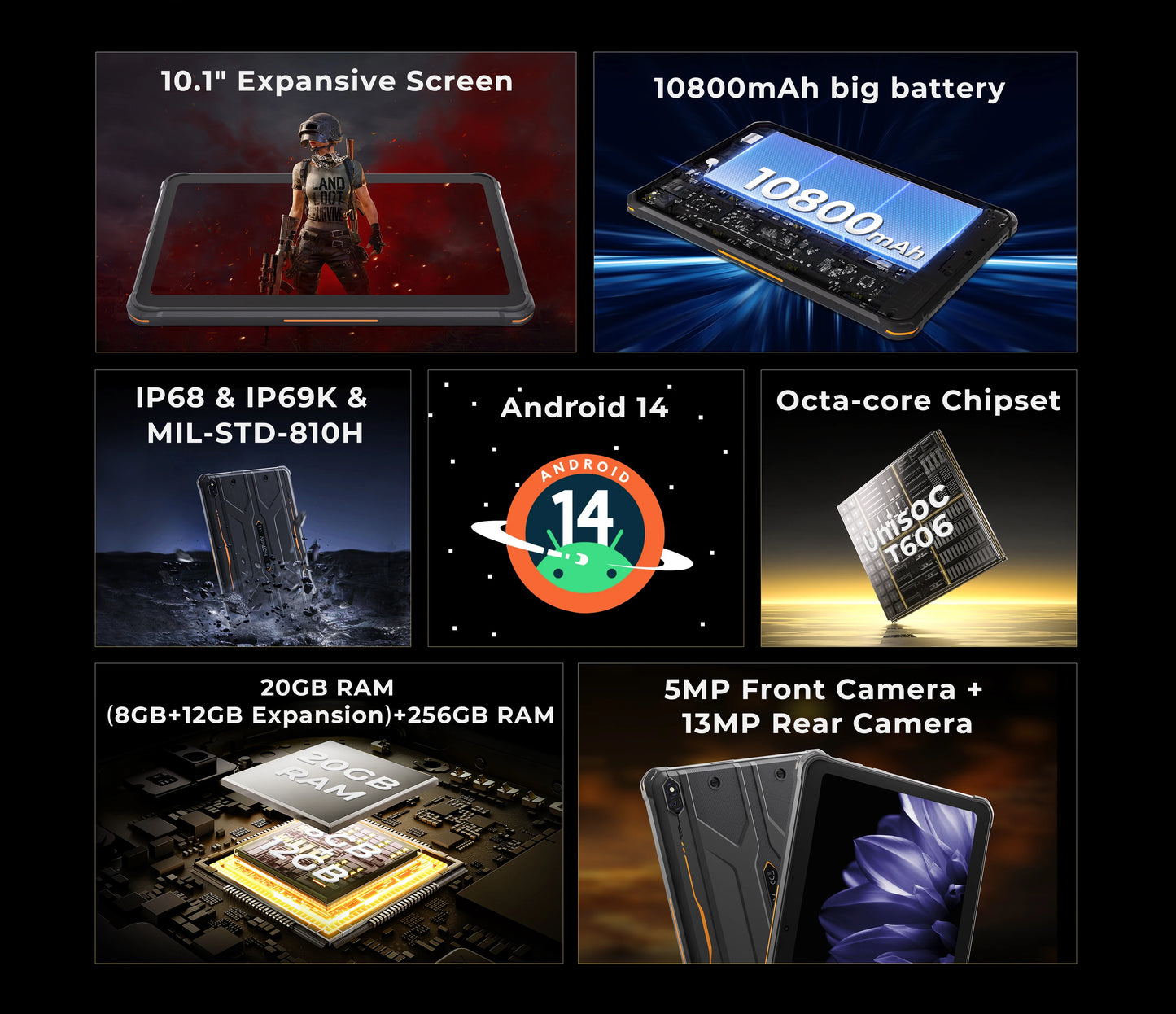 HOTWAV R10 Pro Rugged Tablet 10800mAh Massive Battery 10.1'' HD+ Display Octa-core Pad Android 14 8GB/16GB Expansion RAM 256GB ROM 13MP + 5MP Camera 4G Global Tablet PC