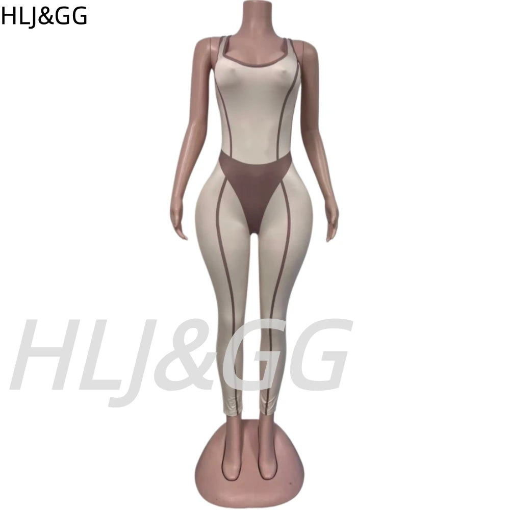 HLJ&GG White Spring New Color Splicing Bodycon One Piece Jumpsuits Women Sleeveless Backless Slim Sporty Playsuit Casual Overall