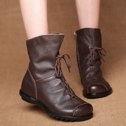 JIANBUDAN/ Genuine Leather Plush Women's Short Boots Retro Casual Autumn Winter Women's Boots Waterproof Leather Warm Snow Boots