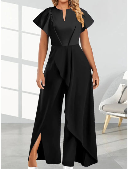 2024 Summer New Elegant Women's V-neck Irregular Jumpsuit Solid Color Short Sleeved Long Style Banquet Women's Jumpsuit