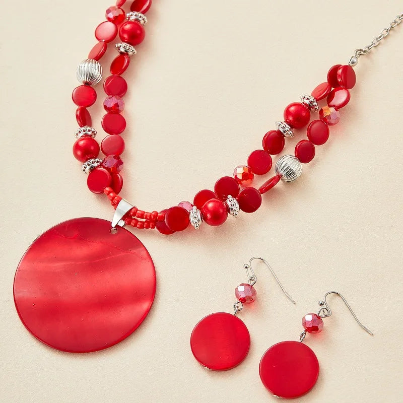 3PCS Bohemian Ethnic Style Exaggerated Personality Red Round Pendant Earring Necklace Women's Holiday Party Accessories