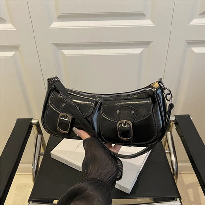 Fashion Pu Leather Women's Shoulder Bag Small Double Pocket Design Ladies Underarm Bags Y2k Vintage Female Handbags Clutch Purse