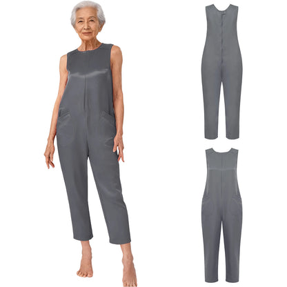 Women's Elderly Anti-Strip Adaptive Jumpsuit Back Legs Zip Long Sleeve Long Pants Nursing Rompers for Special Needs Disabilities